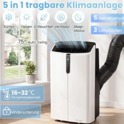 Mobile Klimaanlage 12000 BTU Klimagerät mit Kühlung Heizung Entfeuchtung Ventilator & Schlafmodus
