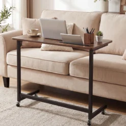 Mobiler Beistelltisch Rolltisch für Laptop mit Ablagefach C-förmiger Laptoptisch für Sofa Rustikales Braun