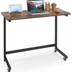 Mobiler Beistelltisch Rolltisch für Laptop mit Ablagefach C-förmiger Laptoptisch für Sofa Rustikales Braun