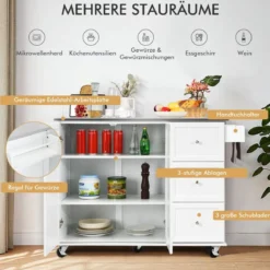 Mobiler Küchenwagen mit Edelstahl-Arbeitsplatte & 3 Schubladen & verstellbaren Regalen Weiß