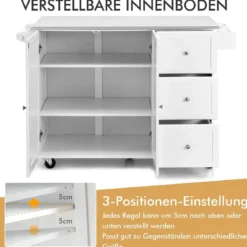 Mobiler Küchenwagen mit Edelstahl-Arbeitsplatte & 3 Schubladen & verstellbaren Regalen Weiß