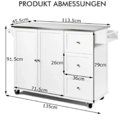 Mobiler Küchenwagen mit Edelstahl-Arbeitsplatte & 3 Schubladen & verstellbaren Regalen Weiß