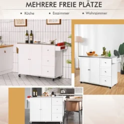 Mobiler Küchenwagen mit Edelstahl-Arbeitsplatte & 3 Schubladen & verstellbaren Regalen Weiß