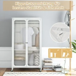 Mobiler Kleiderschrank mit Hängestange & Verstellbarem Regal & Durchsichtigen Schranktüren Weiß