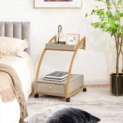 Mobiler Rollender Beistelltisch mit Ablage und Schublade für Wohnzimmer / Schlafzimmer Grau & Golden