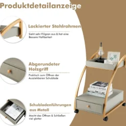 Mobiler Rollender Beistelltisch mit Ablage und Schublade für Wohnzimmer / Schlafzimmer Grau & Golden