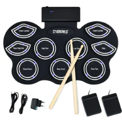 Mobiles E-Drum Set digitales elektronisches Schlagzeug mit 9 Silikon Pads und Bluetooth schwarz