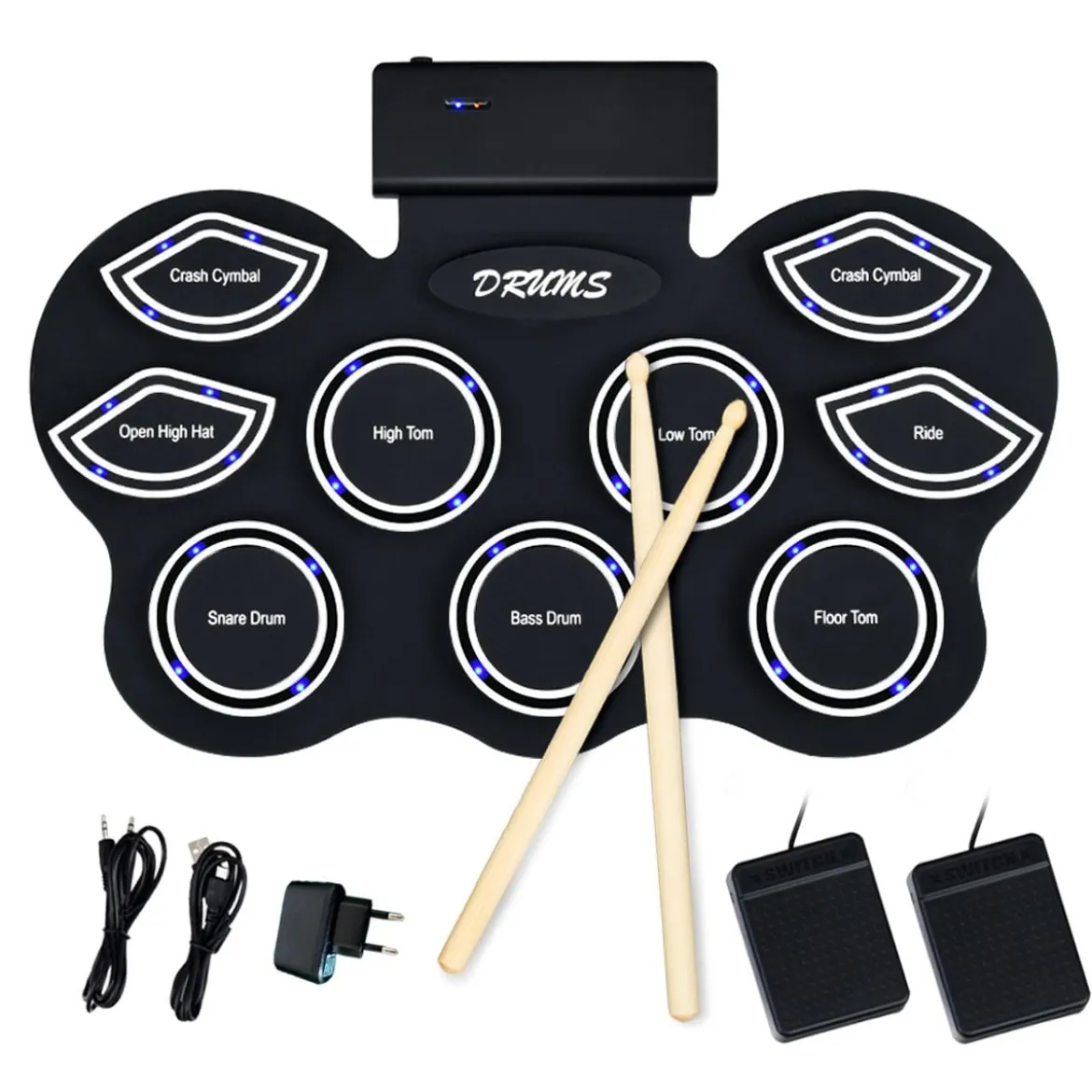 Mobiles E-Drum Set digitales elektronisches Schlagzeug mit 9 Silikon Pads und Bluetooth schwarz