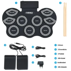Mobiles E-Drum Set digitales elektronisches Schlagzeug mit 9 Silikon Pads und Bluetooth schwarz