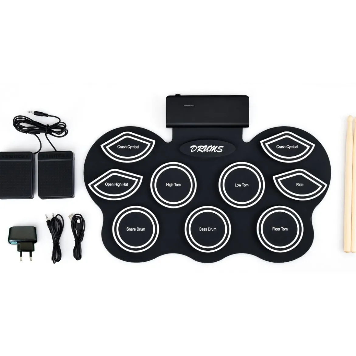 Mobiles E-Drum Set digitales elektronisches Schlagzeug mit 9 Silikon Pads und Bluetooth schwarz