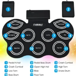 Mobiles E-Drum Set digitales elektronisches Schlagzeug mit 9 Silikon Pads und Bluetooth schwarz