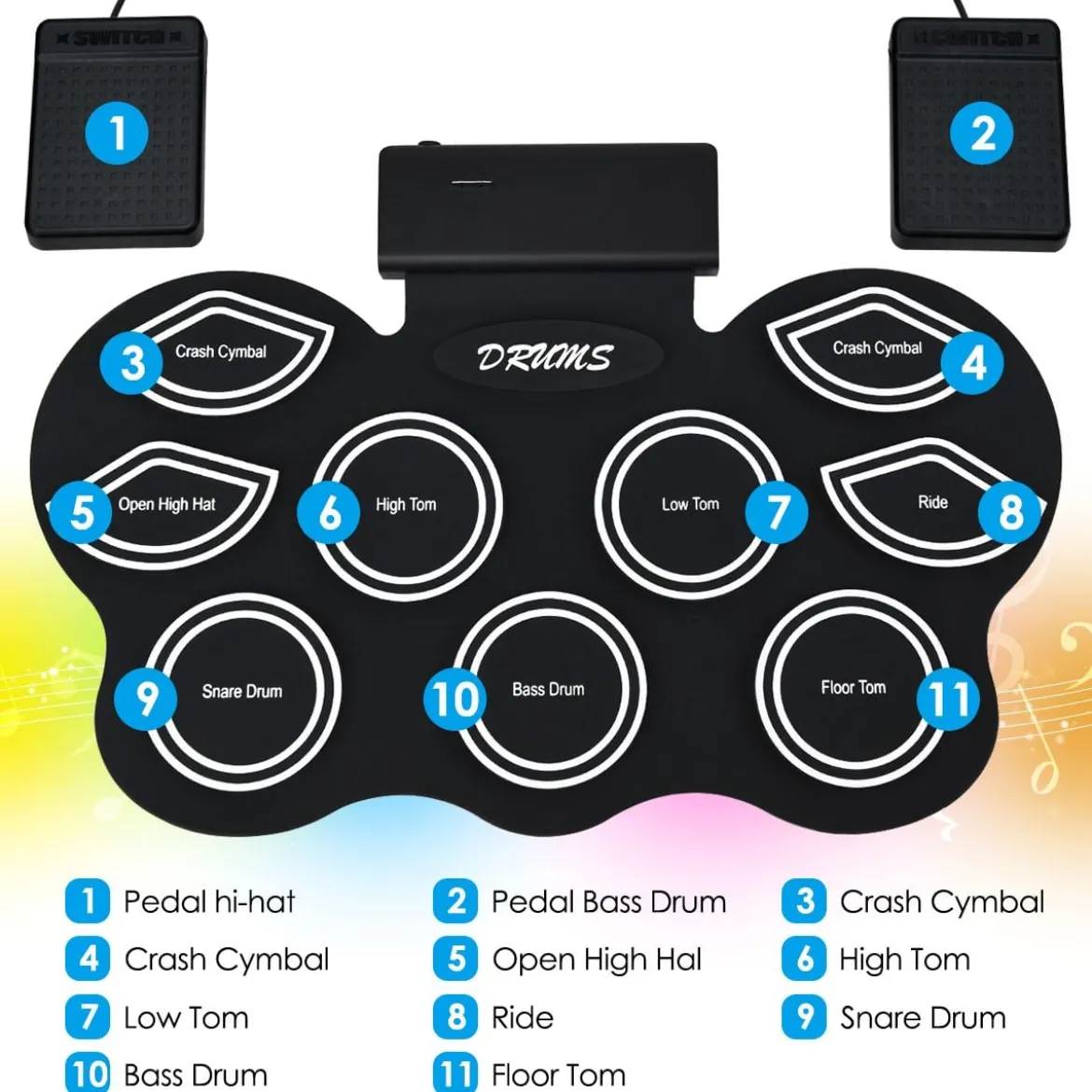 Mobiles E-Drum Set digitales elektronisches Schlagzeug mit 9 Silikon Pads und Bluetooth schwarz
