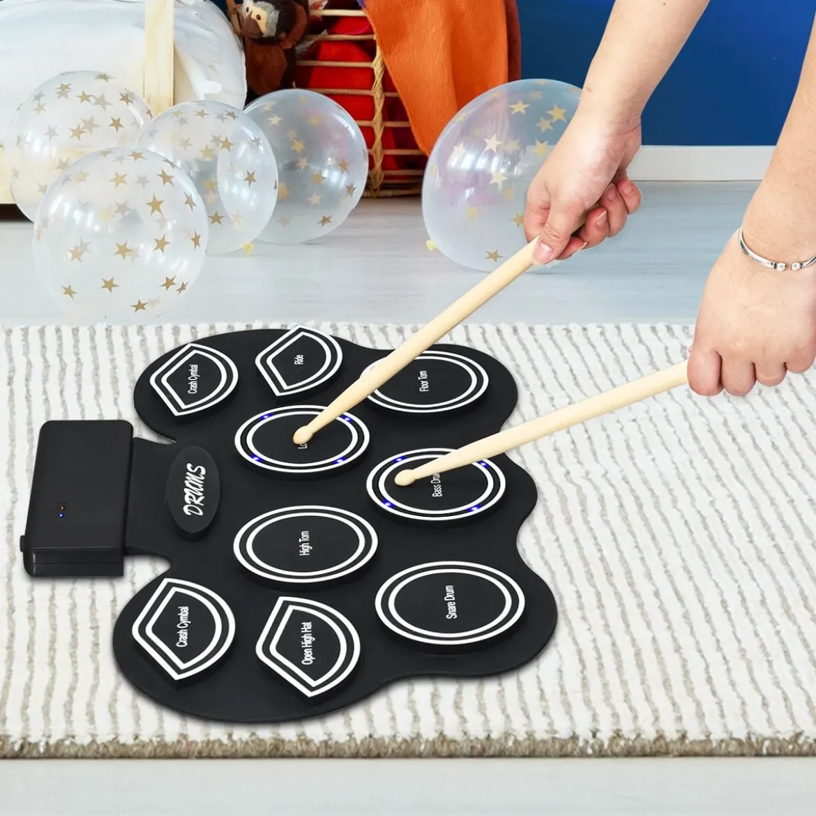 Mobiles E-Drum Set digitales elektronisches Schlagzeug mit 9 Silikon Pads und Bluetooth schwarz