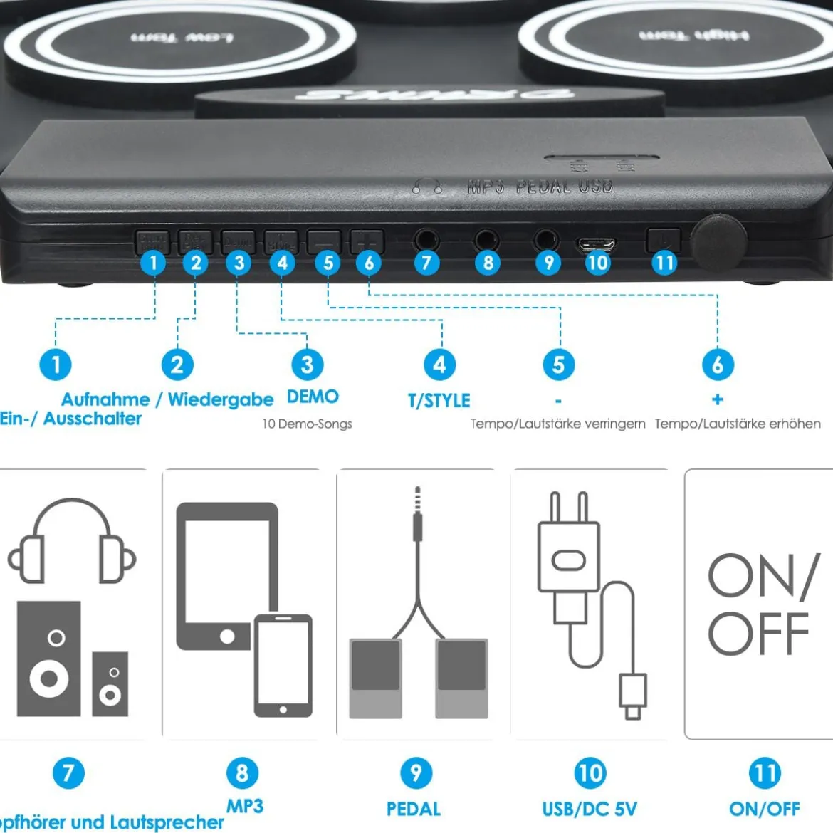 Mobiles E-Drum Set digitales elektronisches Schlagzeug mit 9 Silikon Pads und Bluetooth schwarz