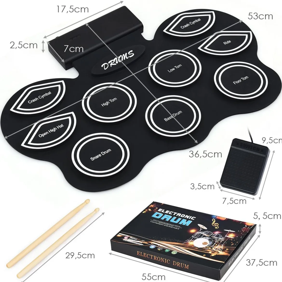 Mobiles E-Drum Set digitales elektronisches Schlagzeug mit 9 Silikon Pads und Bluetooth schwarz