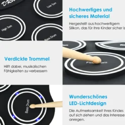 Mobiles E-Drum Set digitales elektronisches Schlagzeug mit 9 Silikon Pads und Bluetooth schwarz