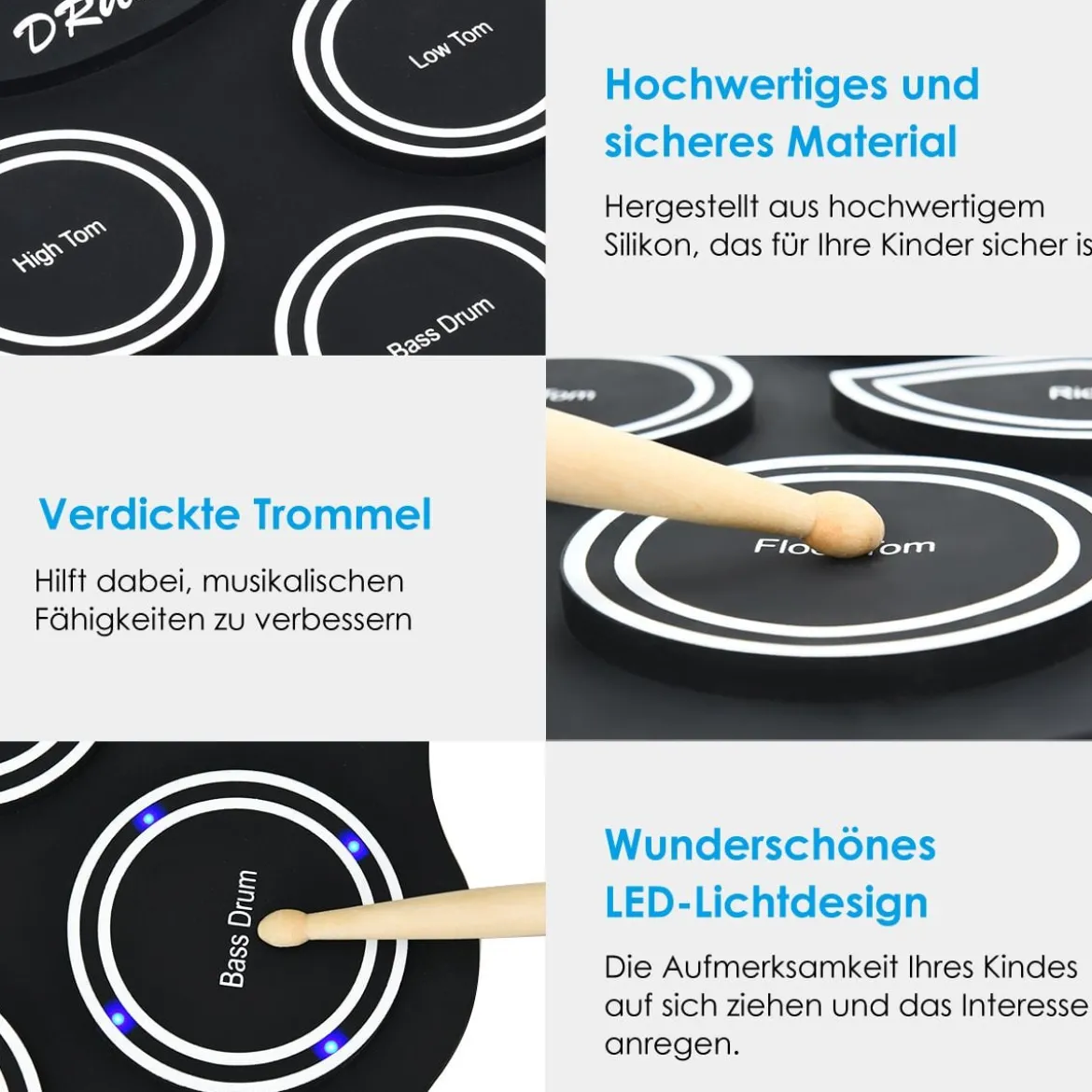 Mobiles E-Drum Set digitales elektronisches Schlagzeug mit 9 Silikon Pads und Bluetooth schwarz