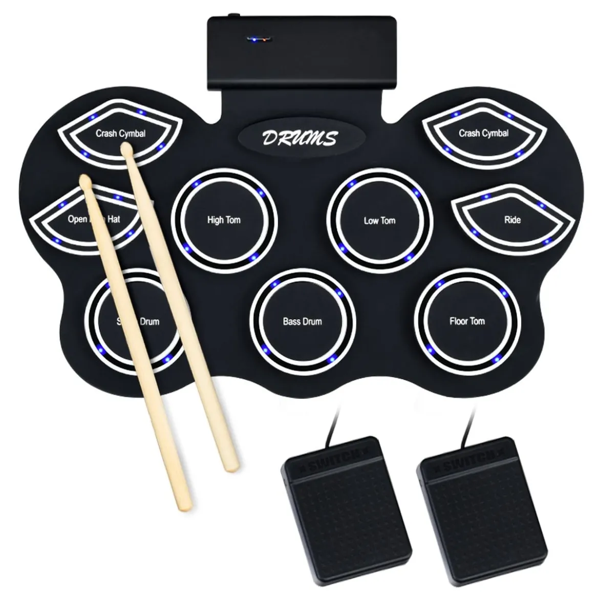 Mobiles E-Drum Set digitales elektronisches Schlagzeug mit 9 Silikon Pads und Bluetooth schwarz