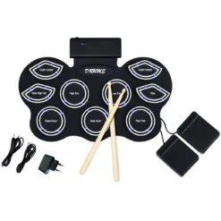 Mobiles E-Drum Set digitales elektronisches Schlagzeug mit 9 Silikon Pads und Bluetooth schwarz