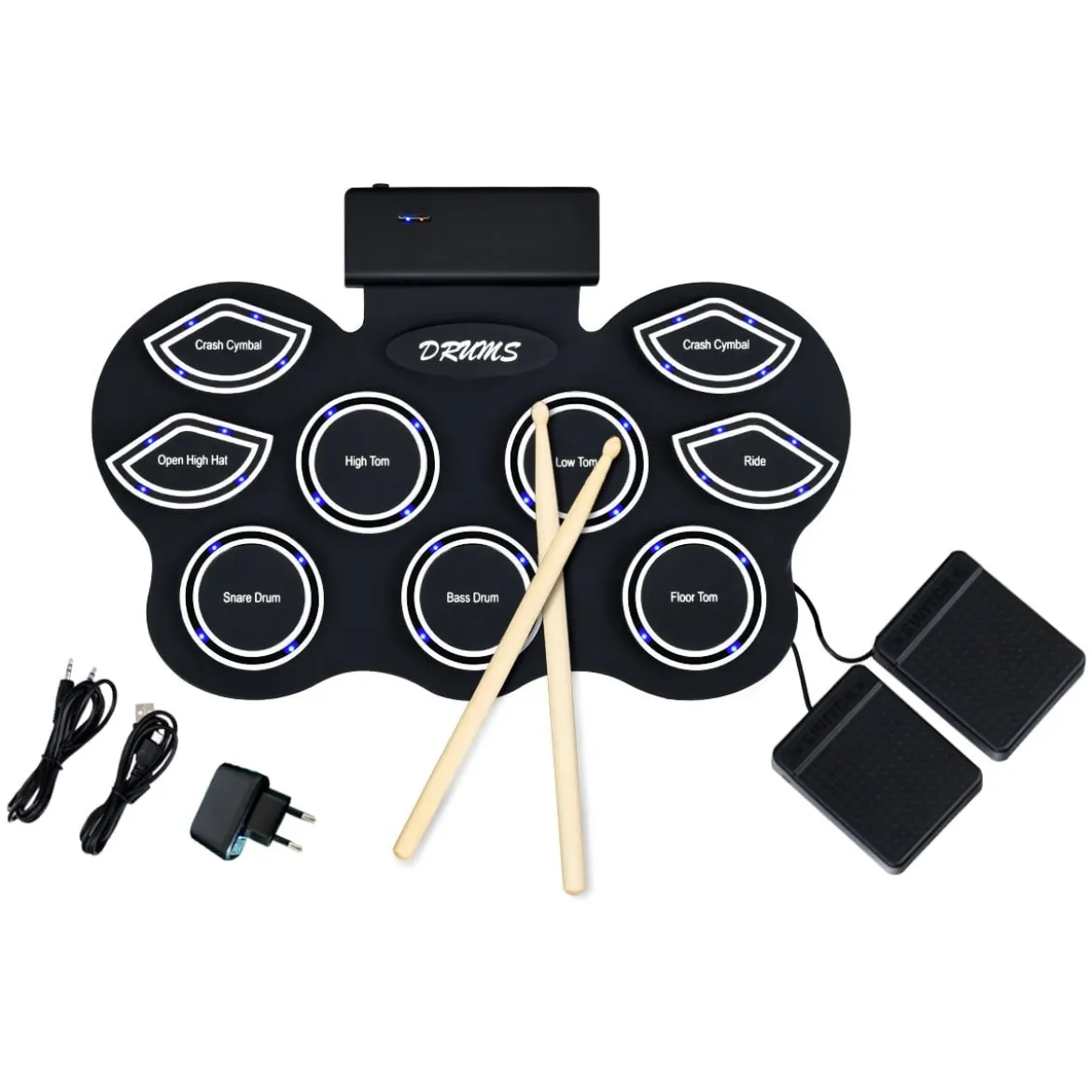 Mobiles E-Drum Set digitales elektronisches Schlagzeug mit 9 Silikon Pads und Bluetooth schwarz