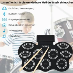 Mobiles E-Drum Set digitales elektronisches Schlagzeug mit 9 Silikon Pads und Bluetooth schwarz
