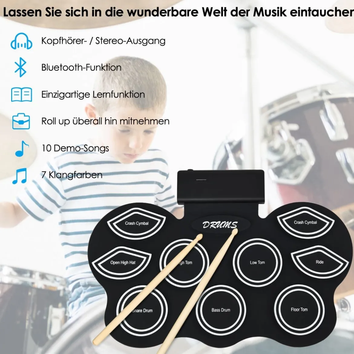 Mobiles E-Drum Set digitales elektronisches Schlagzeug mit 9 Silikon Pads und Bluetooth schwarz