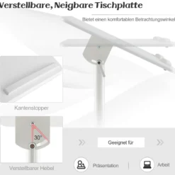 Mobiles Rednerpult Stehpult höhenverstellbarer Laptopwagen mit neigbarer Tischplatte Weiß