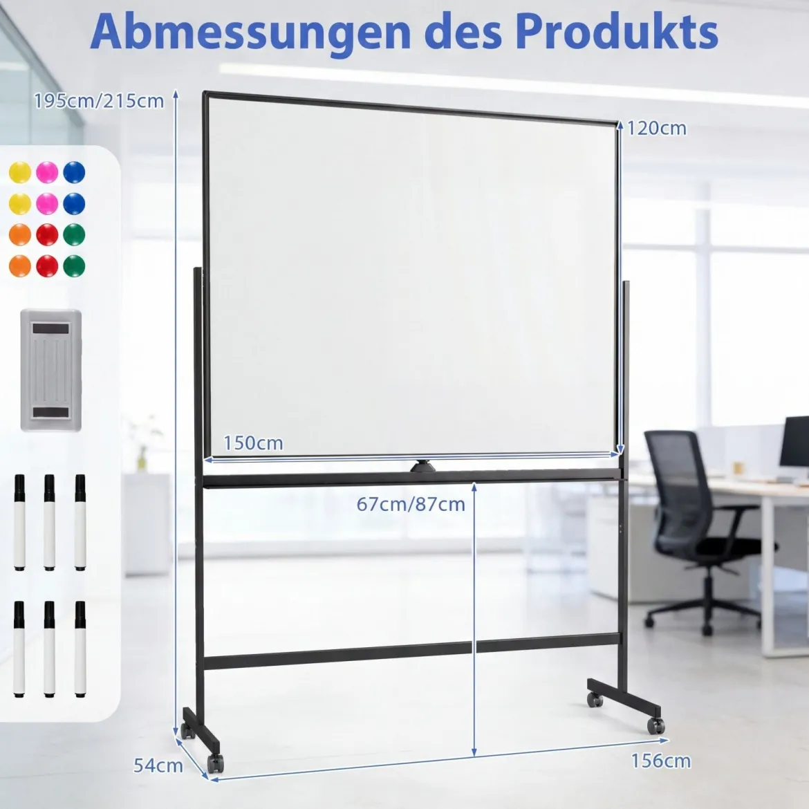 Mobiles Whiteboard beidseitiges magnetic Board mit Ständer 2 verstellbare Höhen Schwarz
