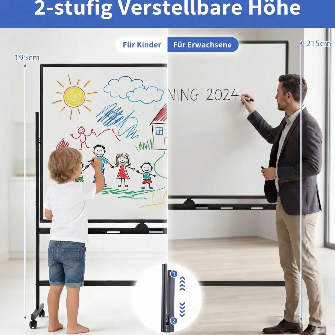 Mobiles Whiteboard beidseitiges magnetic Board mit Ständer 2 verstellbare Höhen Schwarz