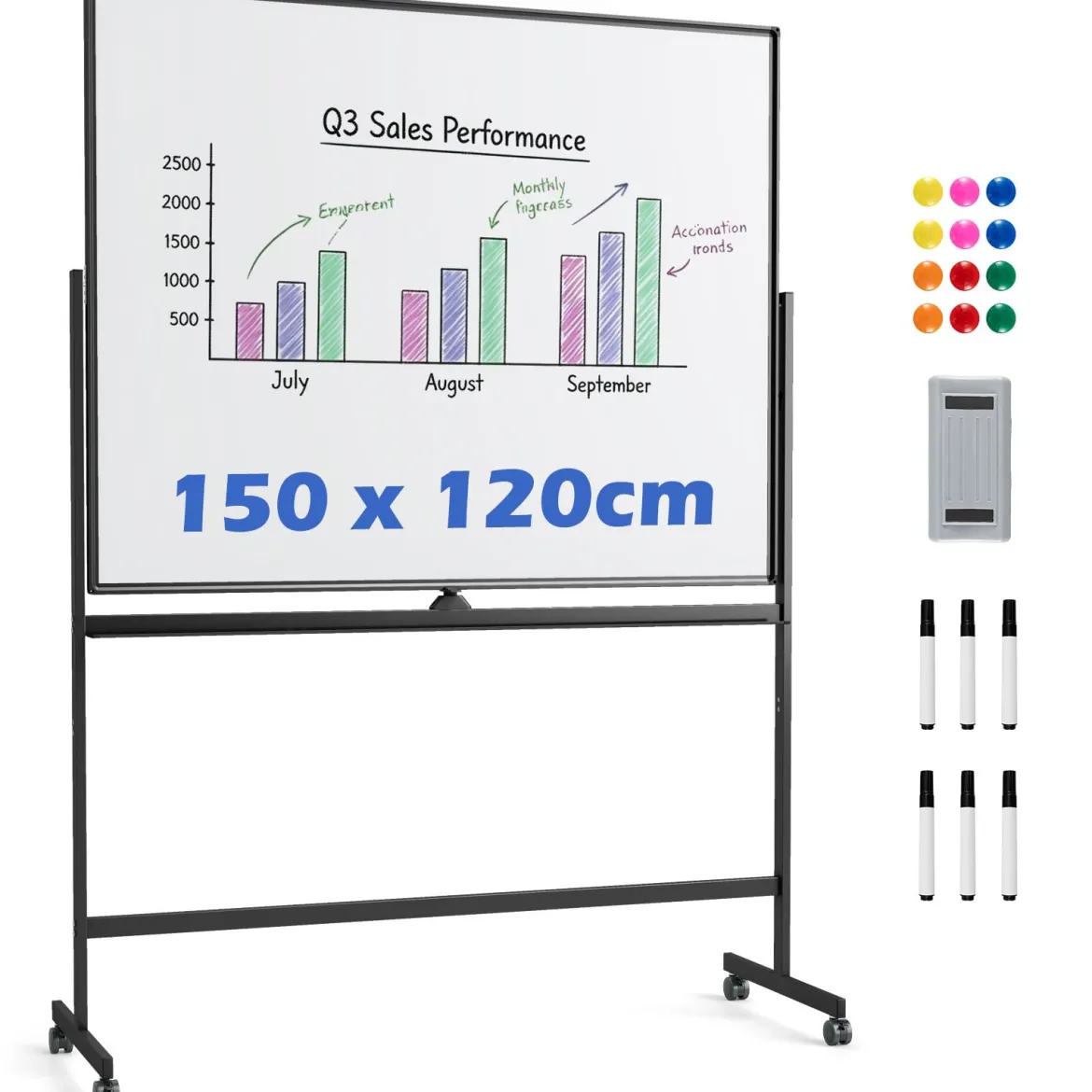 Mobiles Whiteboard beidseitiges magnetic Board mit Ständer 2 verstellbare Höhen Schwarz