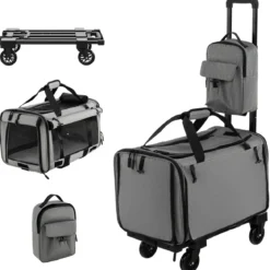 Mobile Transportbox mit Teleskopgriff & Rädern & Kleine Tasche für Katze Hunde Grau