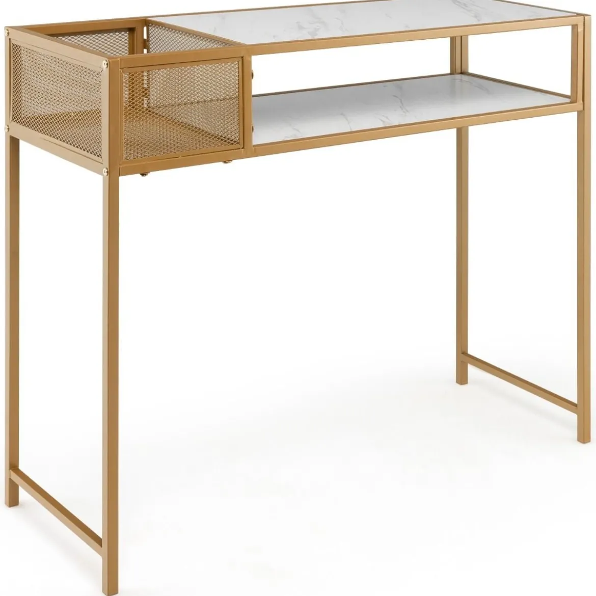 Modern 2 Ebenen Konsolentisch Marmor Optikmit Korb 110 x 40 x 90,5 cm