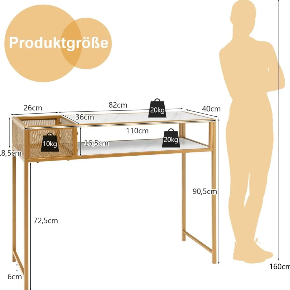 Modern 2 Ebenen Konsolentisch Marmor Optikmit Korb 110 x 40 x 90,5 cm