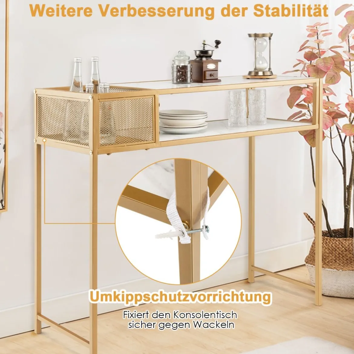 Modern 2 Ebenen Konsolentisch Marmor Optikmit Korb 110 x 40 x 90,5 cm