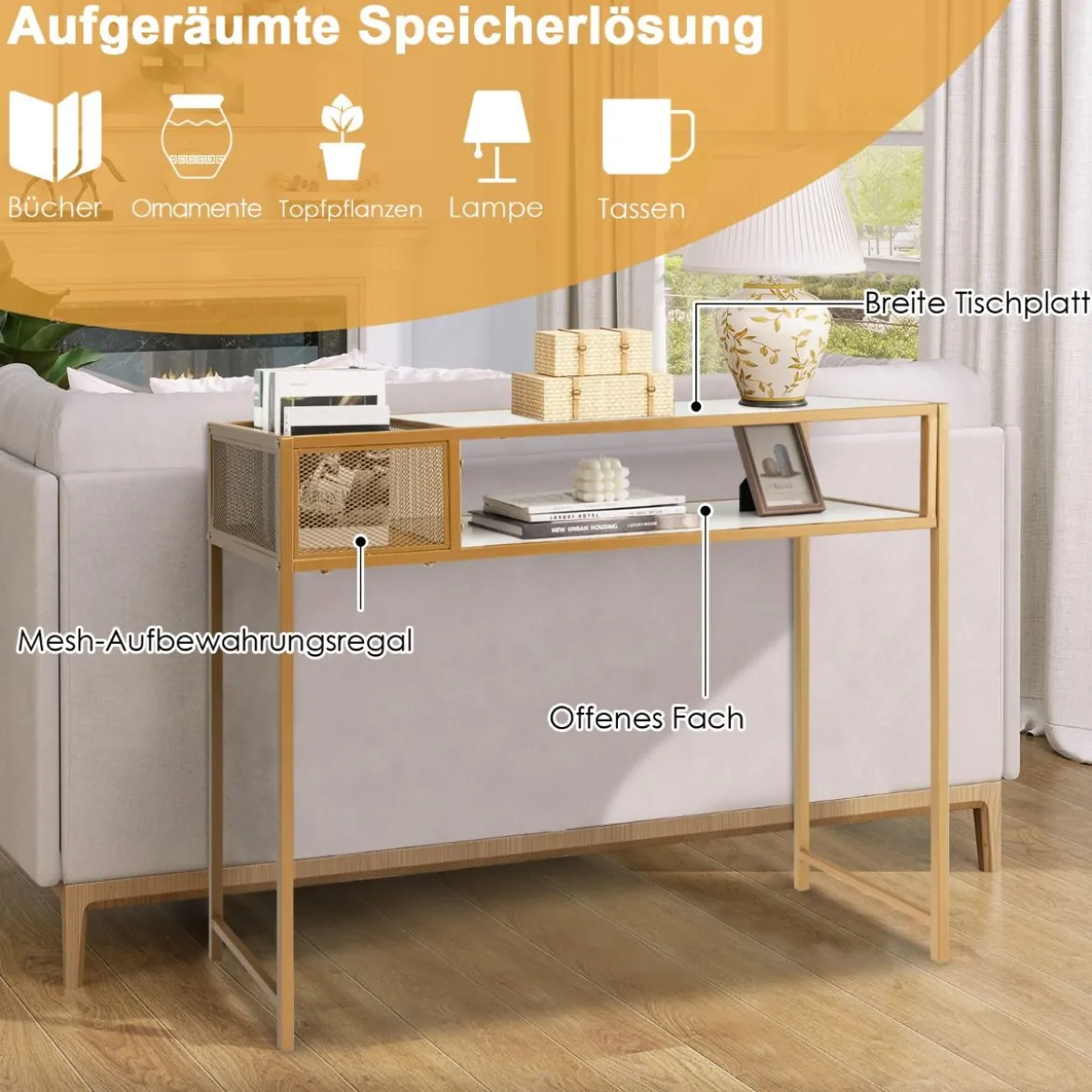 Modern 2 Ebenen Konsolentisch Marmor Optikmit Korb 110 x 40 x 90,5 cm