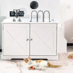 Moderne Katzentoiletten Gehäuse mit Lagerregal & abnehmbarer Trennwand & Seiteneingängen Weiß