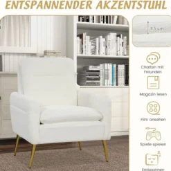 Moderner Akzentstuhl gepolsterter mit konischen Metallbeinen & rutschfesten Fußpads Weiß