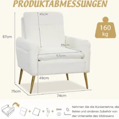 Moderner Akzentstuhl gepolsterter mit konischen Metallbeinen & rutschfesten Fußpads Weiß