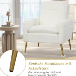 Moderner Akzentstuhl gepolsterter mit konischen Metallbeinen & rutschfesten Fußpads Weiß