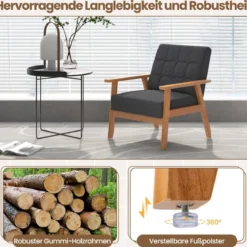 Moderner Akzentstuhl mit Knopfsteppung aus Atmungsaktivem Leinenstoff & Massivem Gummibaumrahmen