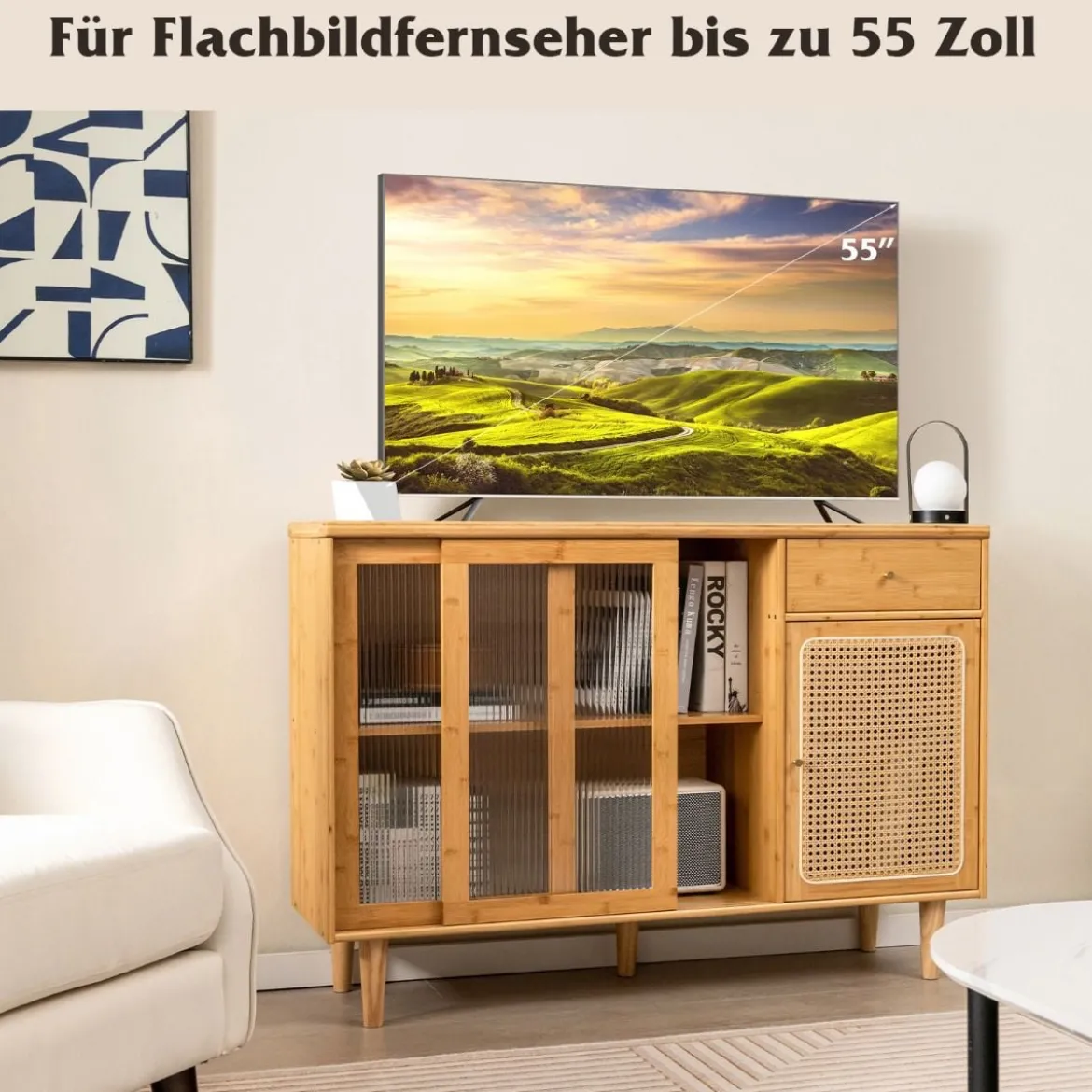 Moderner Buffetschrank mit Schiebetüren aus Gehärtetem Glas Rattan Boho Sideboard
