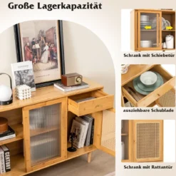 Moderner Buffetschrank mit Schiebetüren aus Gehärtetem Glas Rattan Boho Sideboard