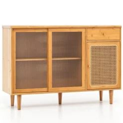 Moderner Buffetschrank mit Schiebetüren aus Gehärtetem Glas Rattan Boho Sideboard