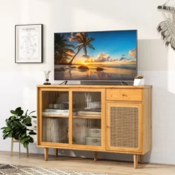 Moderner Buffetschrank mit Schiebetüren aus Gehärtetem Glas Rattan Boho Sideboard