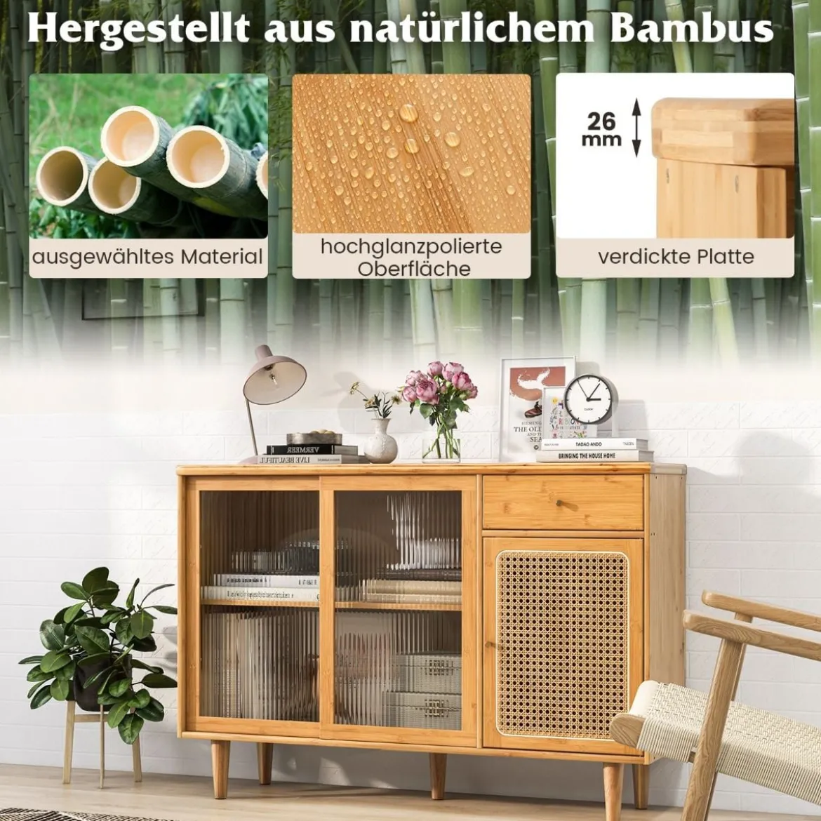Moderner Buffetschrank mit Schiebetüren aus Gehärtetem Glas Rattan Boho Sideboard