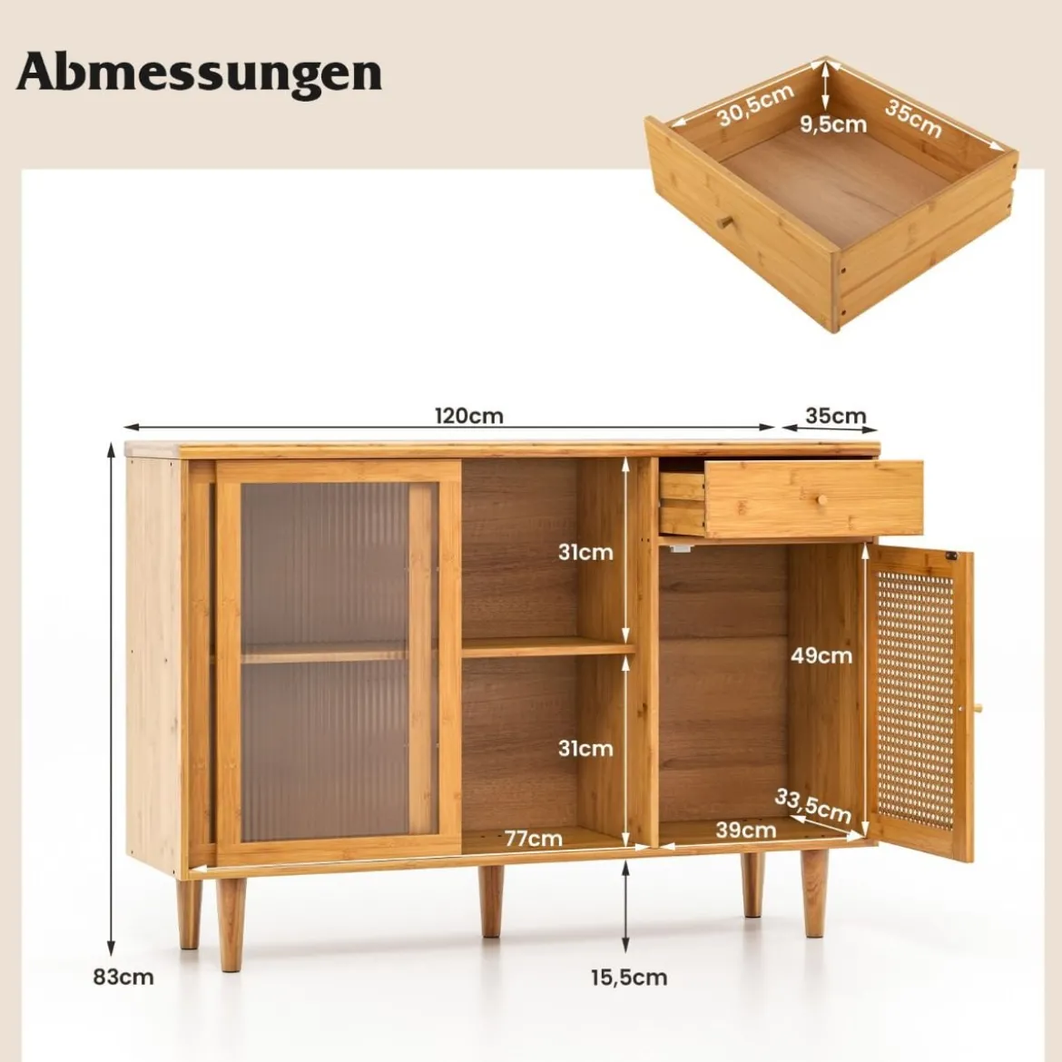 Moderner Buffetschrank mit Schiebetüren aus Gehärtetem Glas Rattan Boho Sideboard