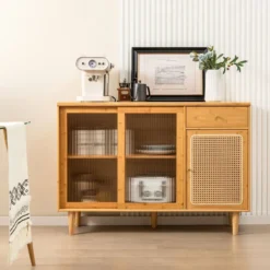 Moderner Buffetschrank mit Schiebetüren aus Gehärtetem Glas Rattan Boho Sideboard