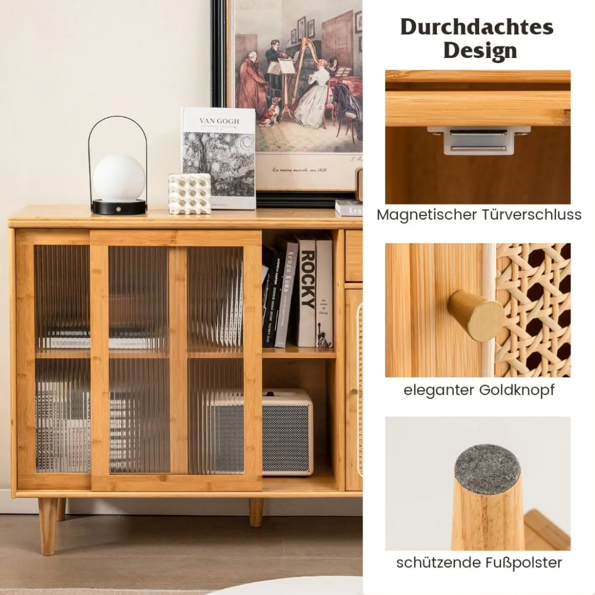 Moderner Buffetschrank mit Schiebetüren aus Gehärtetem Glas Rattan Boho Sideboard
