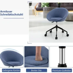 Moderner Drehstuhl aus Leinenstoff mit höhenverstellbarem Sitz und flexiblen Rollen Blau