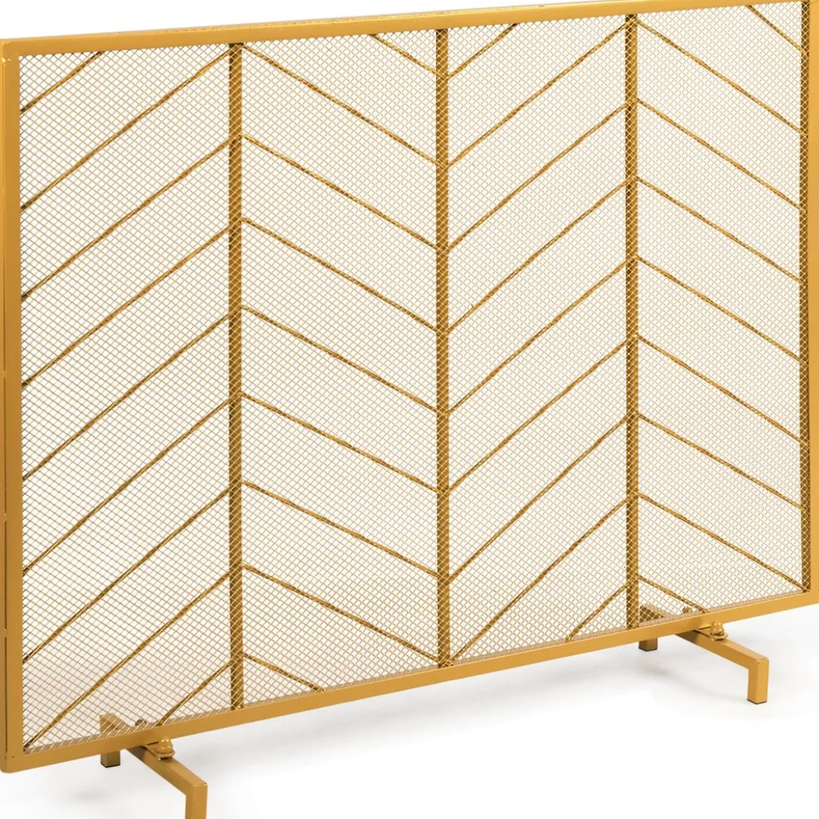 Moderner Einteiliger Kaminschutz mit Stabilem Rahmen aus Schmiedeeisen 98,5x22x79,3cm Gold